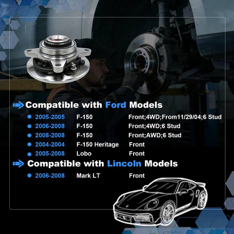 4WD Front Wheel Bearing And Hub Assembly Fits Ford F150 2005 2006 2007 2008 6 Lug With ABS Replacement shown with compatibility list