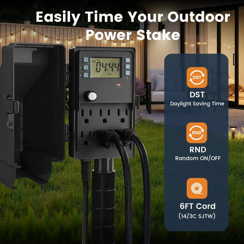 Heavy Duty Outdoor Power Stake With 7 Day Programmable Digital Timer For Landscape Lighting And Yard Systems, 6FT cord and display.