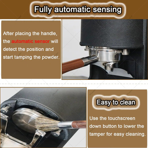 Top Tier Automatic Coffee Tamper 58mm With Touchscreen Pressure Dial showing automatic sensing feature and cleaning tool.