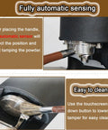Top Shelf Commercial 58mm Electric Coffee Tamper Featuring Hella Precise 1200N Sensor Operated Tamping Force With Touchscreen Pressure Adjustment And Rock Solid Adjustable Stand For Busy Cafe Bars, close-up of the automatic sensor and cleaning brush.
