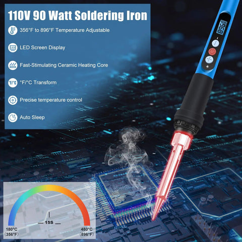 90W Soldering Iron Kit With Fast Heat Up 110V LCD Digital Soldering Gun Ceramic Heater shown with LED display and features