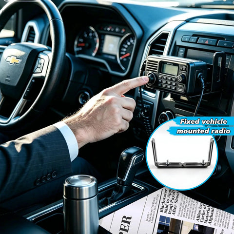 Adjustable Universal Car CB Radio Mount Bracket with radio in vehicle interior, showing secure rattle-free installation.