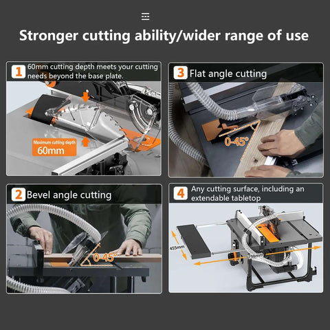 Heavy Duty Portable Circular Bench Saw Featuring 2000W Pure Copper Workhorse Motor in action, showing cutting depth and angles.