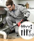 Person using the 16 Piece Drain Snake Drill Attachment Heavy Duty Drain Auger Cutter Kit for plumbing under a sink.