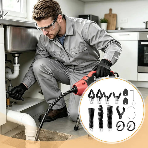 Person using the 16 Piece Drain Snake Drill Attachment Heavy Duty Drain Auger Cutter Kit for plumbing under a sink.