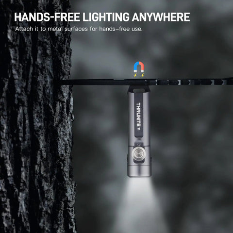 Ti2 EDC Flashlight Tiny But Mighty Pocket Size Keychain Light with 120 Lumen Output attached magnetically to metal surface