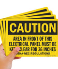 4 Pack OSHA Warning Stickers For Area In Front Of Electrical Panel Must Be Kept Clear For 36 Inches, SuperStick 5 Mil Laminated Polyester, 5 X 7 Inches, Bold Black And Yellow, USA Made, stacked in hand
