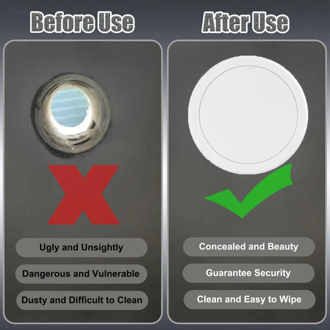 Before and after comparison of Round Aluminum Access Panel Flush Ceiling Cover showing old vs. new clean appearance.