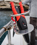 8.5 Inch Stainless Steel Pliers With Non Slip Handle, Spring Loaded, on a boat railing
