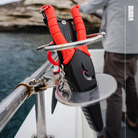 8.5 Inch Stainless Steel Pliers With Non Slip Handle, Spring Loaded, on a boat railing