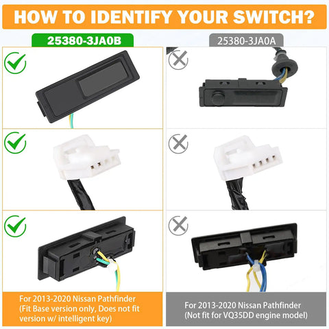 Comparison of Nissan Pathfinder Hatch Button Trunk Latch Replacement Direct Fit 2013-2020 model 25380-3JA0B and 25380-3JA0A