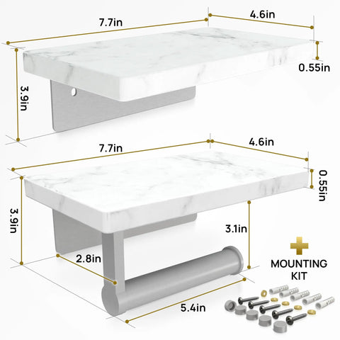 Dimensions of Total Game Changer, Two Shelf Wall Mounted Toilet Paper Holder With Natural Marble Top And Sleek Nickel Finish.