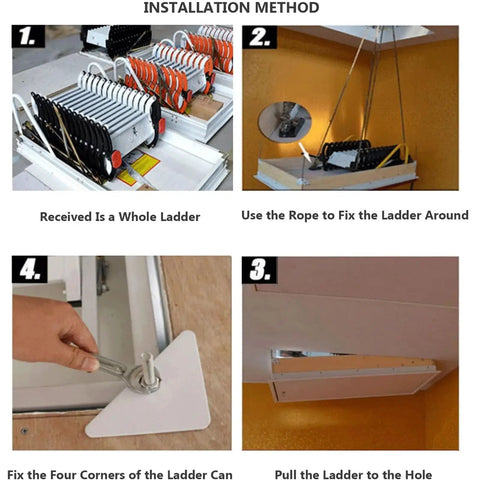 Installation method steps for the Electric Pull Down Attic Ladder Built Tough With Premium Carbon Steel with tools and user instructions.