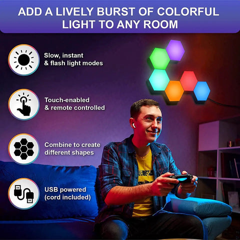 Hexagon LED Light Panels With Remote Control, Touch Sensor RGB Wall Decor Kit For Gaming Room, 10 panels lit on wall
