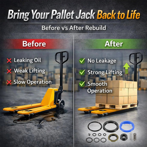 Comparison of a leaking pallet jack with no load and a fully loaded jack after using the Pro Grade Complete Seal Replacement Kit For Pallet Mule AA5000 And AA5500 Hydraulic Jack Restore Lifting Power And Stop Leaks Fast With Durable Seals And Quick Install For Less Downtime.