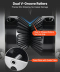 Close-up of dual V-groove rollers on heavy duty wire stripper machine with hand crank or drill powered modes.