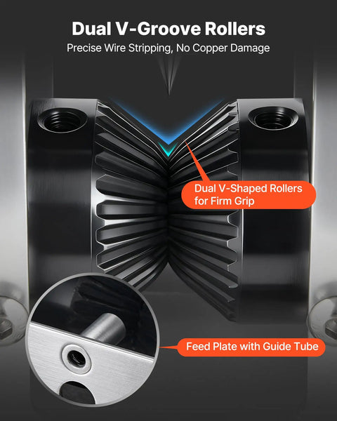 Close-up of dual V-groove rollers on heavy duty wire stripper machine with hand crank or drill powered modes.