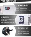 Pro Grade Stainless Steel Electric Milk Tea Shaker Machine With Dual Cup Auto Shake System And Hassle Free Rotation Timer showing smart switch, knob timer, and copper motor details.