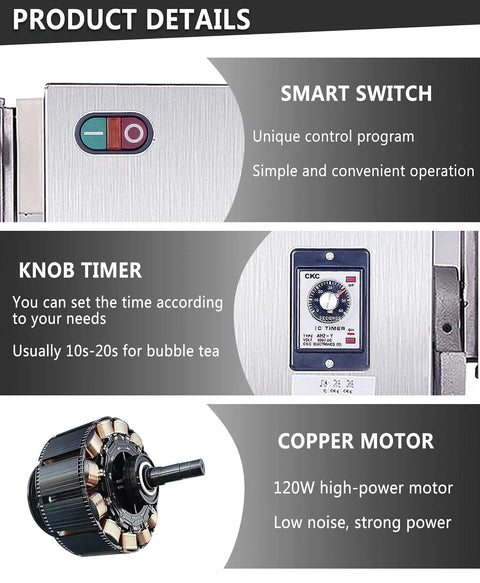 Pro Grade Stainless Steel Electric Milk Tea Shaker Machine With Dual Cup Auto Shake System And Hassle Free Rotation Timer showing smart switch, knob timer, and copper motor details.