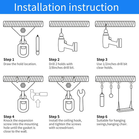 Installation instructions for Heavy Duty Hammock Hanging Kit With 360 Degree Swivel Stainless Steel 1000 Pound Capacity Swing Hooks