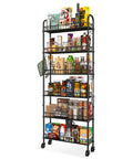 Slim Rolling Storage Cart On Wheels Metal 6 Tier Mobile Shelving Unit For Tight Spaces with grocery items filled on shelves