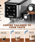 Smooth Operator 20 Bar Espresso Machine With Automatic Milk Frother And Snappy Touchscreen, stainless steel control panel and coffee sizes.