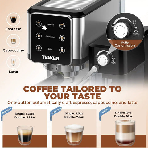 Smooth Operator 20 Bar Espresso Machine With Automatic Milk Frother And Snappy Touchscreen, stainless steel control panel and coffee sizes.