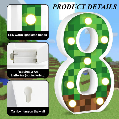 8.5 Inch Pixel Game Light Up Number 8 For Gamer Birthday Party Decor With Led Pixel Pattern Night Light Pixel Themed Centerpiece And Sign Retro Arcade Style Party Atmosphere Easy Setup Table Decor, green pixel pattern, LED lights