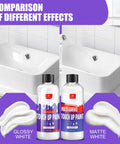 Image showing comparison of glossy and matte finishes using White Multi-Surface Touch Up Paint Pen Set 7oz No Fuss Glossy And Matte Quick Dry Odorless Waterproof Formula For Fixing Chips And Scratches On white bathtub.