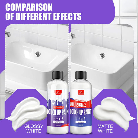 Image showing comparison of glossy and matte finishes using White Multi-Surface Touch Up Paint Pen Set 7oz No Fuss Glossy And Matte Quick Dry Odorless Waterproof Formula For Fixing Chips And Scratches On white bathtub.