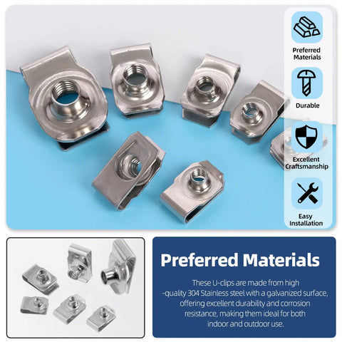 54 Piece Assorted U Style Clip On Nuts Crafted From Grade 304 Stainless Steel Snap Tight To Auto Fender And Dash Panel Hardware, various sizes shown.