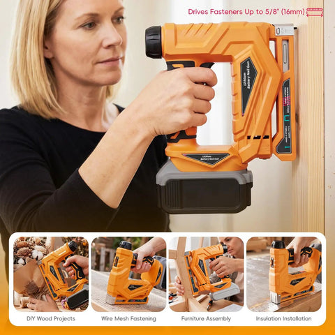 Woman using Badass Three In One Cordless Staple Gun And Brad Nailer for wood fastening in home project.