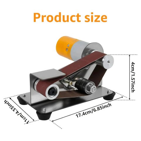 Tiny Electric Belt Sander Machine With Grinder Set For Knife Sharpening And Polishing Compact Desktop DIY Tool dimensions 17.4cm x 4cm.