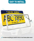 Heavy Duty Stainless Steel License Plate Screw Hardware Set With M6 Quarter Inch Bolt Fasteners Plus Slick Chrome Snap Caps For Cars Trucks And Everyday Rides showing installation with bolts and a New York license plate.
