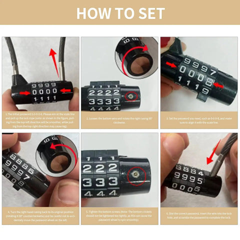 How to set Heavy Duty 4 Digit Combo Cable Lock With Resettable Braided Steel Wire and Smooth Protective Jacket.