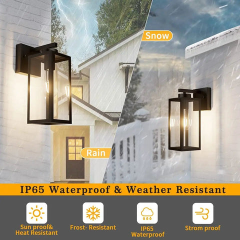 Two Pack Black Outdoor Wall Lanterns with Clear Glass Shade for Entryway Porch and Doorway Exterior Wall Sconces E26 Bulbs