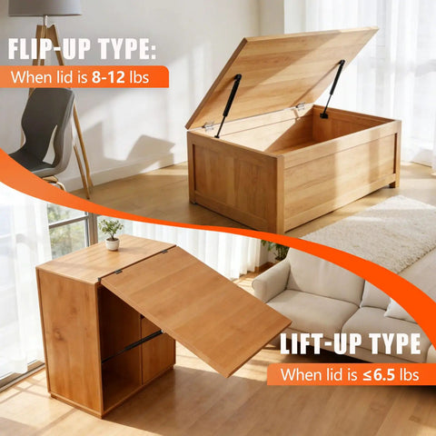 Wooden storage boxes with gas struts; top box has flip-up lid for 8-12 lbs, bottom box lift-up lid for 6.5 lbs and less.