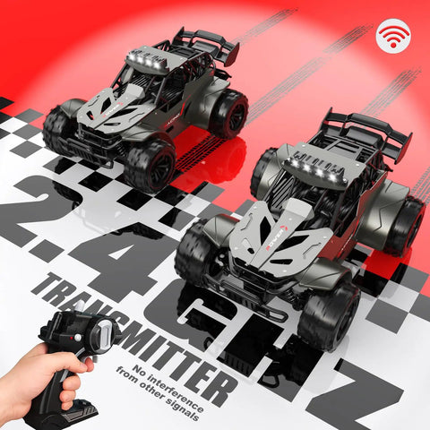 Two Monster RC Trucks With 2.4 GHz Remote Control, Metal Shell, Top Speed 20 KmH, LED Headlights, displayed on a racing backdrop.