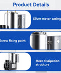 Detailed view of 12V DC Mini Vacuum Pump Featuring Dead Quiet Diaphragm Design and Integrated Suction Holder, showcasing silver motor casing and heat dissipation.