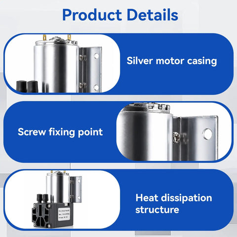 Detailed view of 12V DC Mini Vacuum Pump Featuring Dead Quiet Diaphragm Design and Integrated Suction Holder, showcasing silver motor casing and heat dissipation.