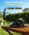 Man using 20V 2 In 1 Cordless Hedge Trimmer And Grass Shears With Rotating Handle for lawn edging, batteries in foreground.