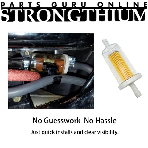 Fuel Line Filter Shut Off Valve Kit For Riding Lawn Mowers And Compact Tractors One Quarter Inch Inline Filter Set Compatible With Briggs Stratton MTD Cub Cadet Troy Bilt Toro John Deere Yard Machines And More shown installed and standalone