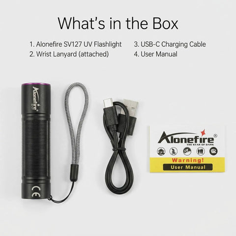 Compact 365nm UV Blacklight With USB C Rechargeable Battery, flashlight, USB-C cable, lanyard, user manual included