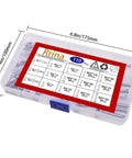 Front view of Rrina 110-piece set of 304 stainless steel flat-head clevis pins and cotter pins in a clear storage box