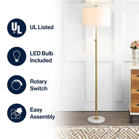 65-Inch Brass Gold And White Marble Adjustable LED Floor Lamp With White Linen Shade For Living Room And Bedroom Bold Modern Glam Standing Light Bulb Included next to UL listed icons.
