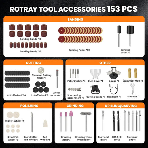 Powerful 180W Corded Rotary Tool Kit With 6 Variable Speeds And Flex Shaft, Chainsaw Sharpener, 153 Piece Accessories Kit Display
