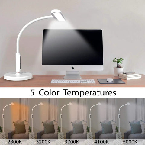 Three In One LED Floor Lamp Desk Lamp Clamp On With Remote Control Dimmable Five Brightness Levels And Five Color Temperatures Adjustable Gooseneck Pole Lamp For Home Office Classic White showcasing color temperature settings.