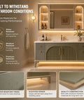 Slick Modern Freestanding Bathroom Vanity In Muted Sage With Frosted Led Mirror Cabinet And Warm Gold Trim showing water-resistant features.