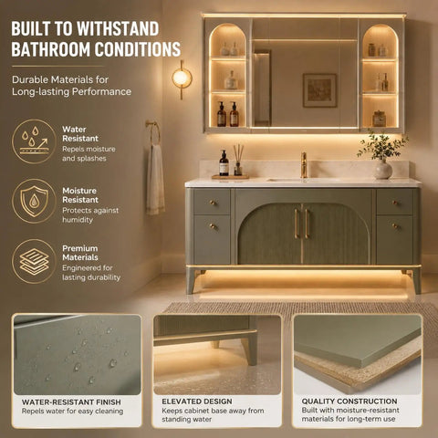 Slick Modern Freestanding Bathroom Vanity In Muted Sage With Frosted Led Mirror Cabinet And Warm Gold Trim showing water-resistant features.