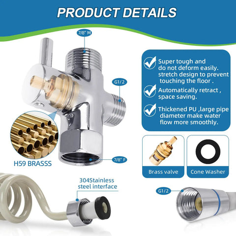 Handheld Bidet Sprayer for Toilet with Brass T-Valve Adapter, adjustable water pressure, retractable hose, durable 304 stainless steel build